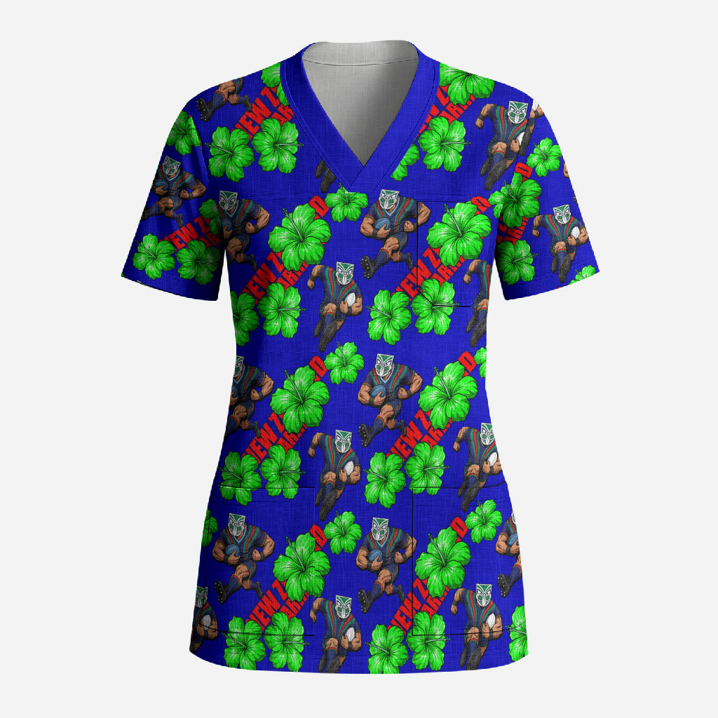 New Zealand Warriors Scrub Top Tropical Hibiscus Floral Seamless Rugby Mascot