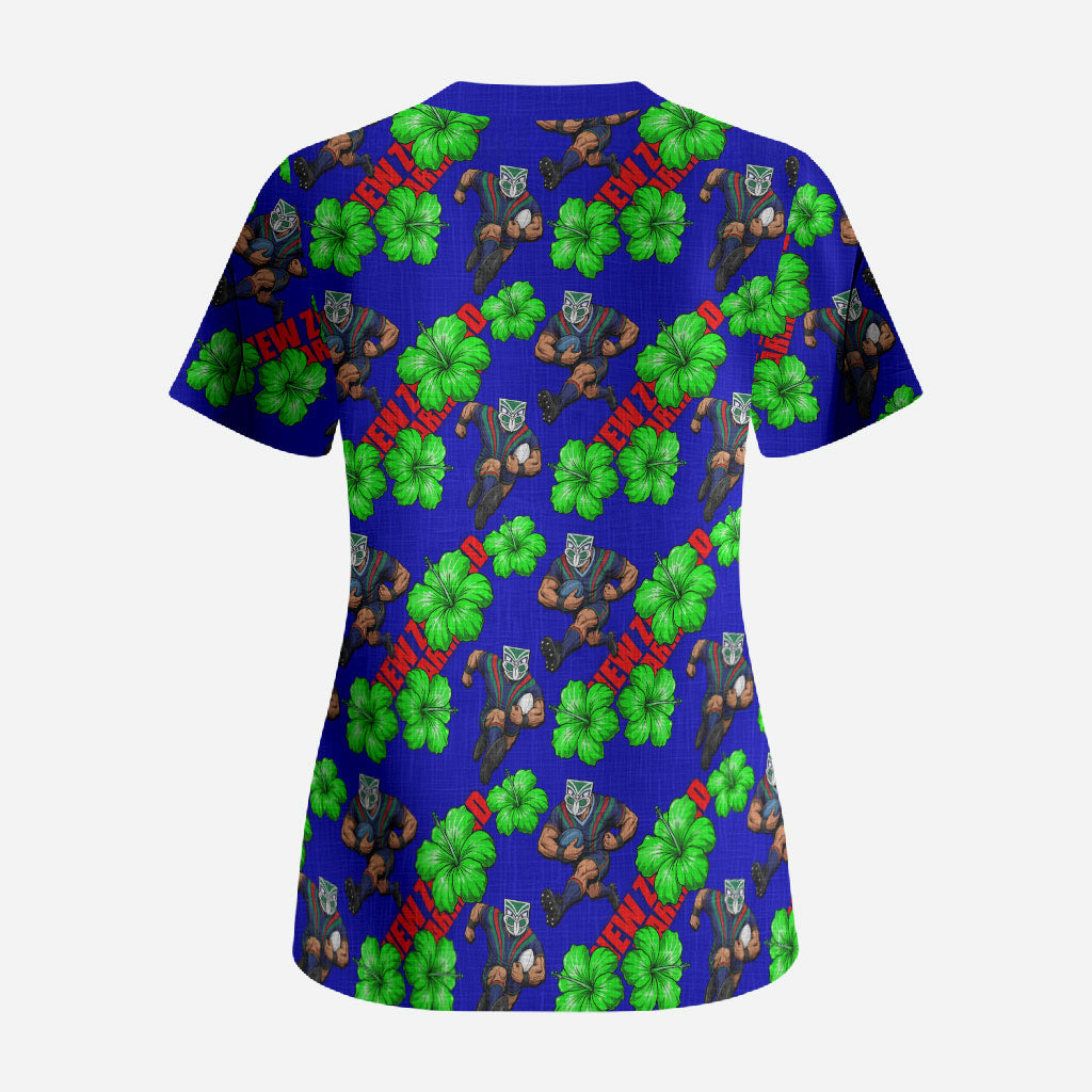 New Zealand Warriors Scrub Top Tropical Hibiscus Floral Seamless Rugby Mascot