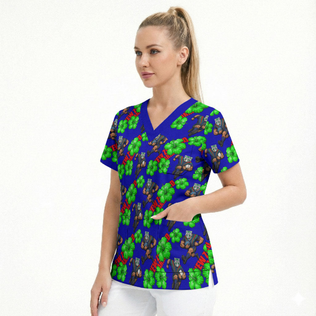 New Zealand Warriors Scrub Top Tropical Hibiscus Floral Seamless Rugby Mascot