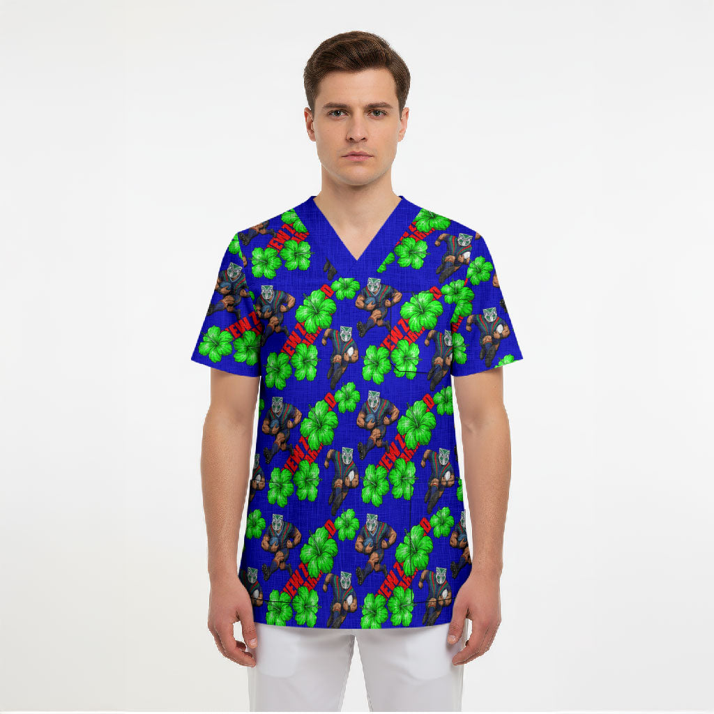New Zealand Warriors Scrub Top Tropical Hibiscus Floral Seamless Rugby Mascot