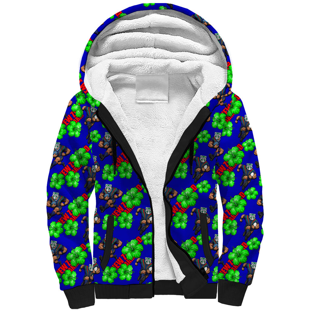 New Zealand Warriors Sherpa Hoodie Tropical Hibiscus Floral Seamless Rugby Mascot