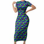 New Zealand Warriors Short Sleeve Bodycon Dress Tropical Hibiscus Floral Seamless Rugby Mascot