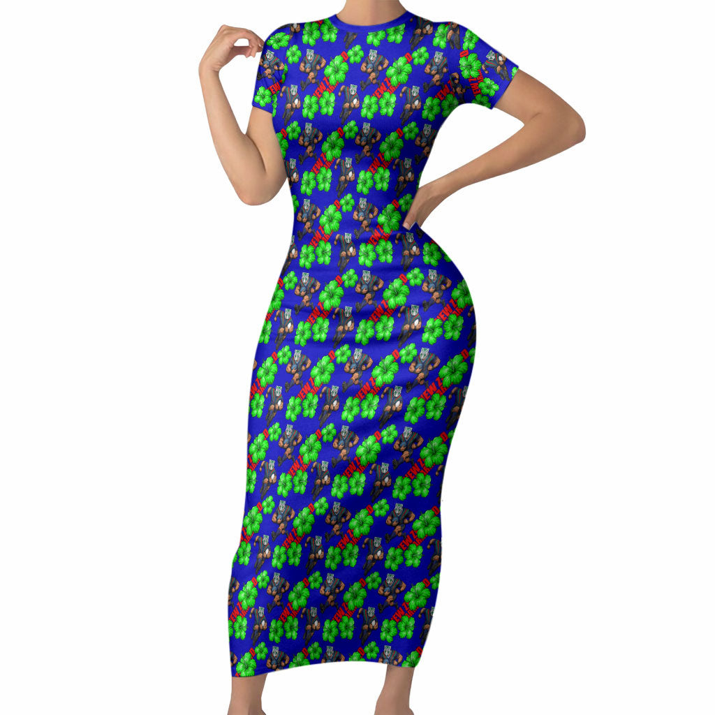 New Zealand Warriors Short Sleeve Bodycon Dress Tropical Hibiscus Floral Seamless Rugby Mascot
