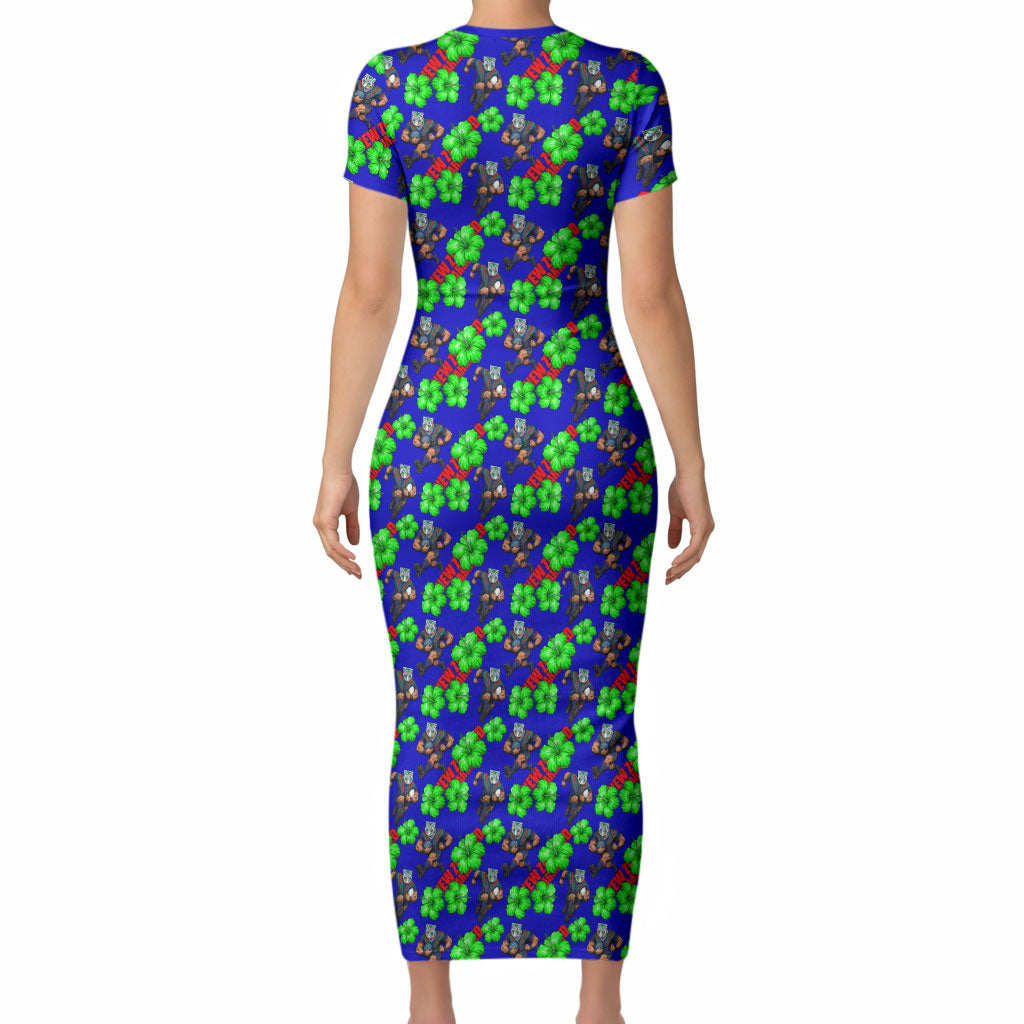 New Zealand Warriors Short Sleeve Bodycon Dress Tropical Hibiscus Floral Seamless Rugby Mascot