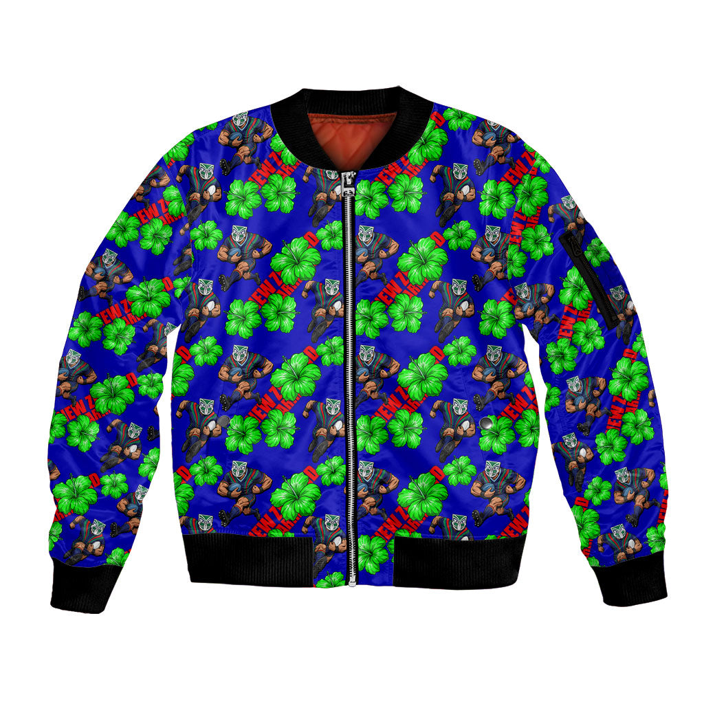 New Zealand Warriors Sleeve Zip Bomber Jacket Tropical Hibiscus Floral Seamless Rugby Mascot