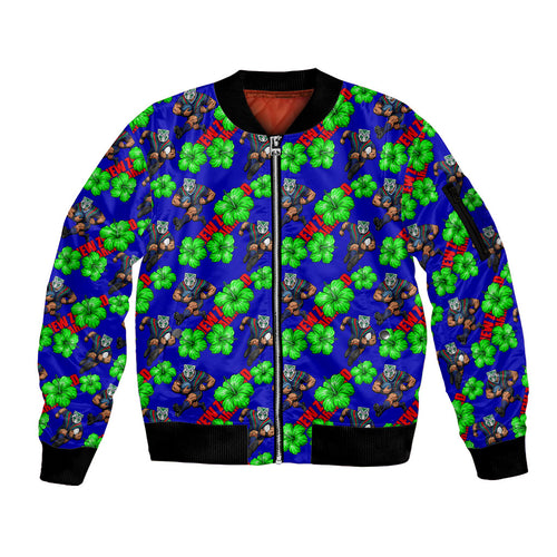 New Zealand Warriors Sleeve Zip Bomber Jacket Tropical Hibiscus Floral Seamless Rugby Mascot