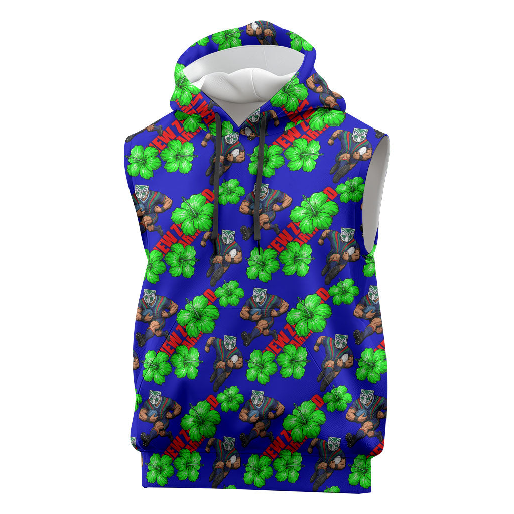 New Zealand Warriors Sleeveless Hoodie Tropical Hibiscus Floral Seamless Rugby Mascot