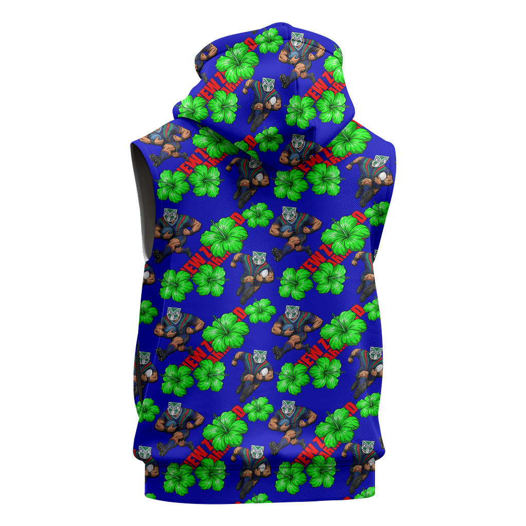 New Zealand Warriors Sleeveless Hoodie Tropical Hibiscus Floral Seamless Rugby Mascot