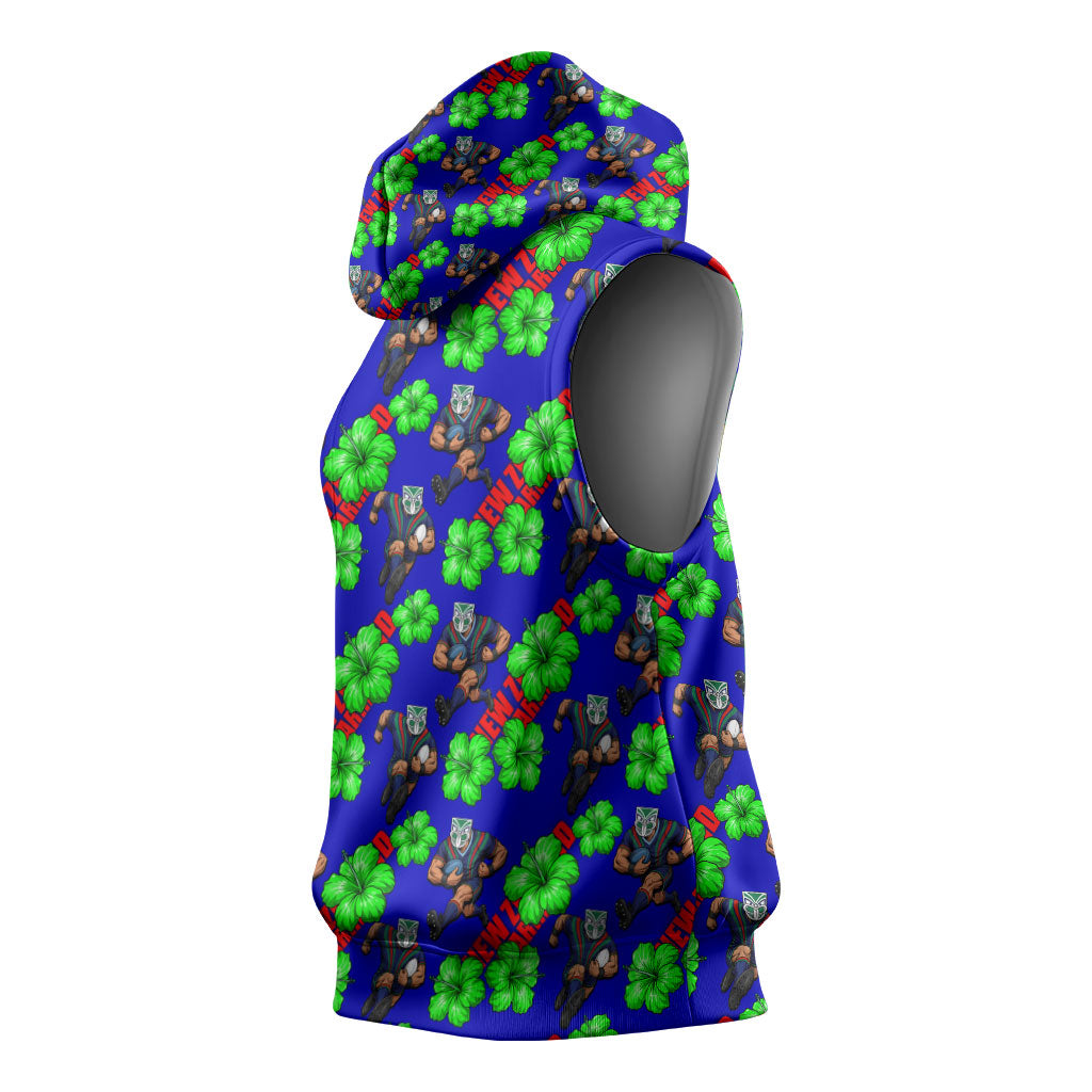 New Zealand Warriors Sleeveless Hoodie Tropical Hibiscus Floral Seamless Rugby Mascot