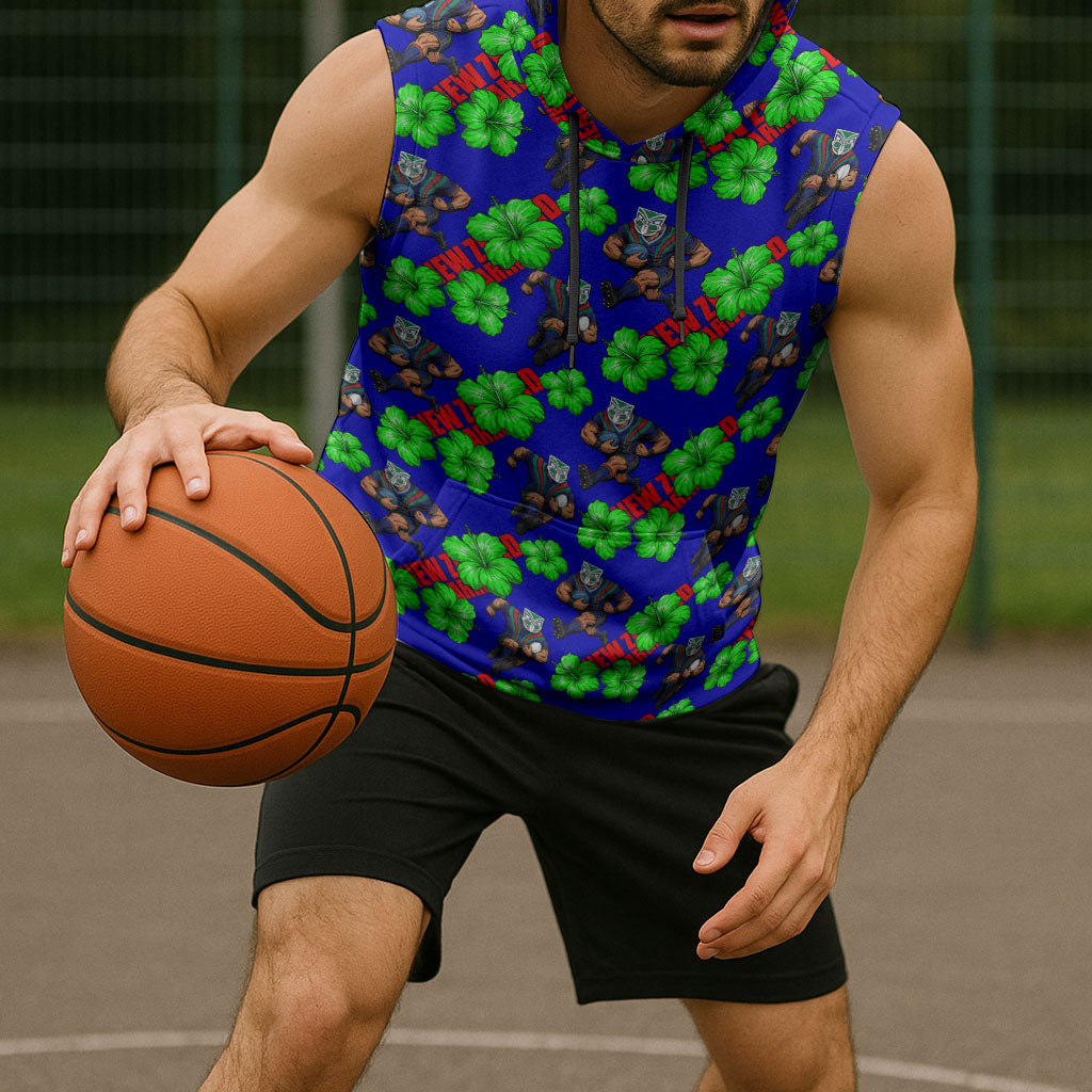 New Zealand Warriors Sleeveless Hoodie Tropical Hibiscus Floral Seamless Rugby Mascot