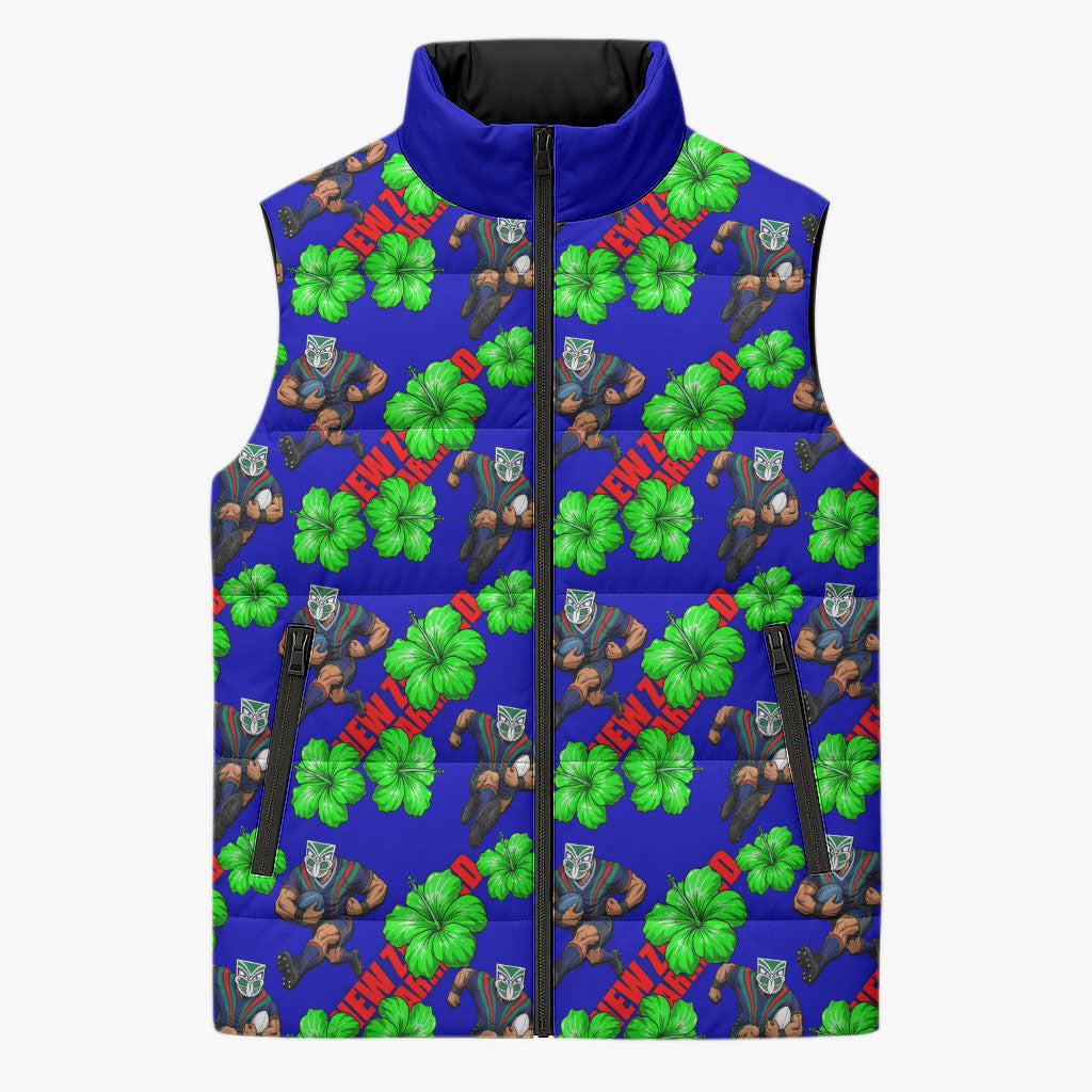 New Zealand Warriors Sleeveless Puffer Jacket Tropical Hibiscus Floral Seamless Rugby Mascot
