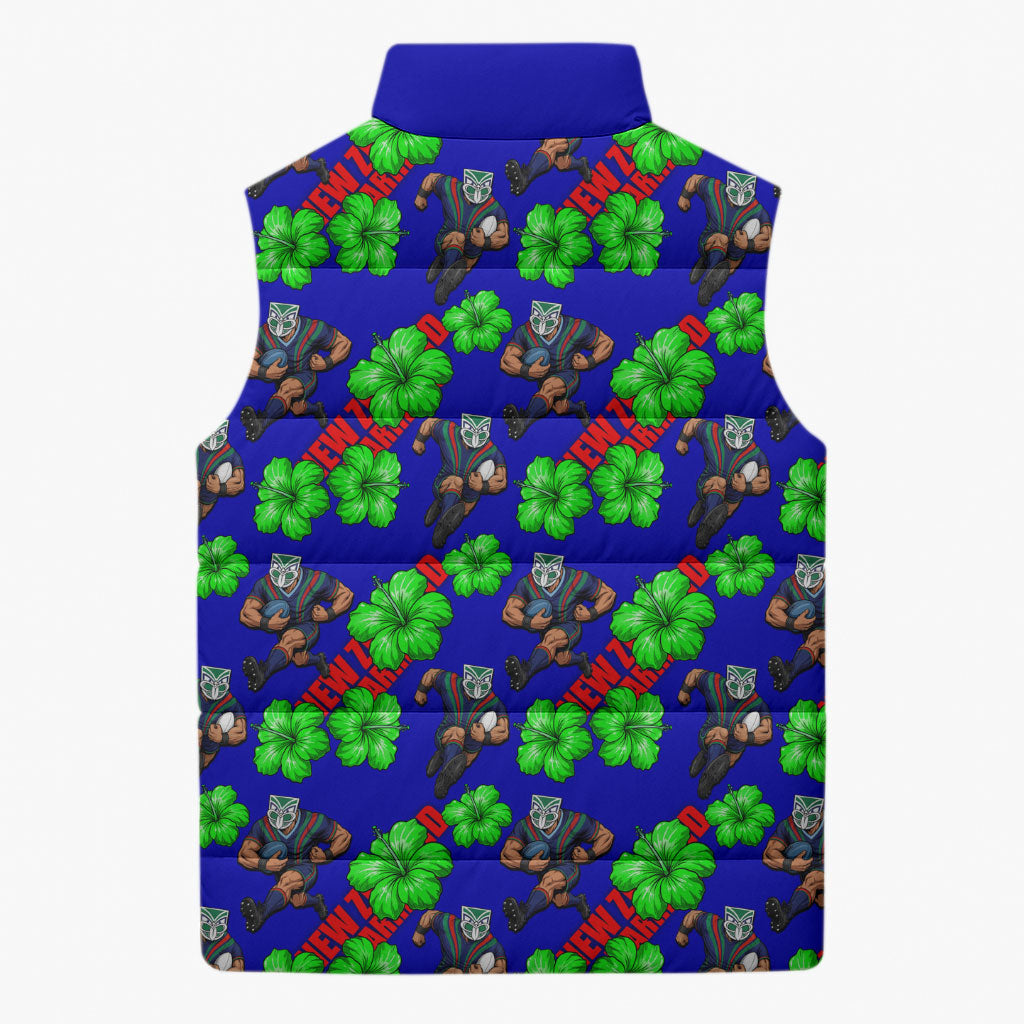 New Zealand Warriors Sleeveless Puffer Jacket Tropical Hibiscus Floral Seamless Rugby Mascot