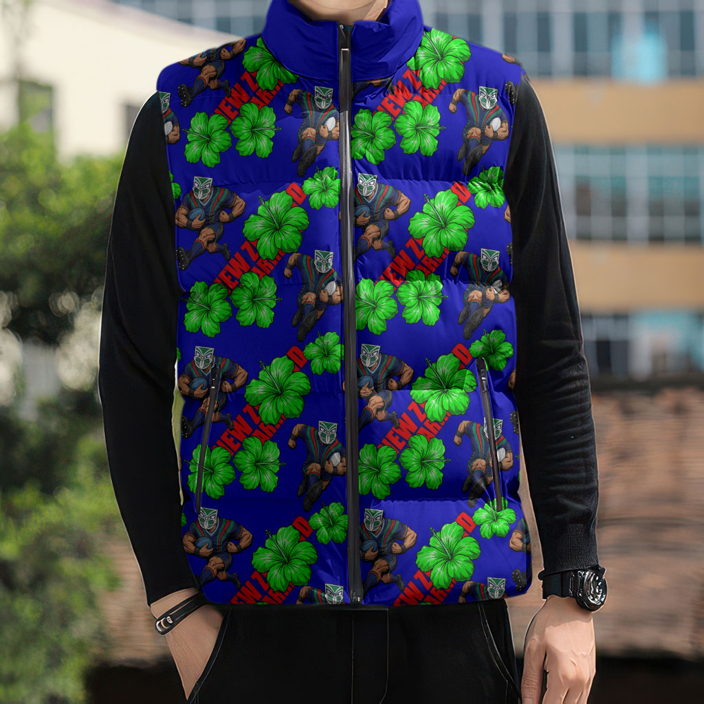 New Zealand Warriors Sleeveless Puffer Jacket Tropical Hibiscus Floral Seamless Rugby Mascot