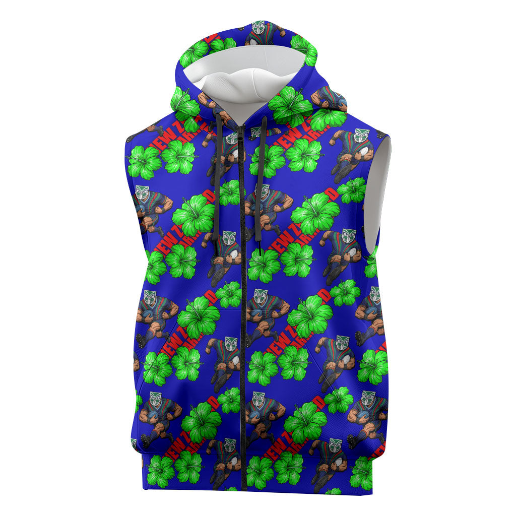 New Zealand Warriors Sleeveless Zip Hoodie Tropical Hibiscus Floral Seamless Rugby Mascot