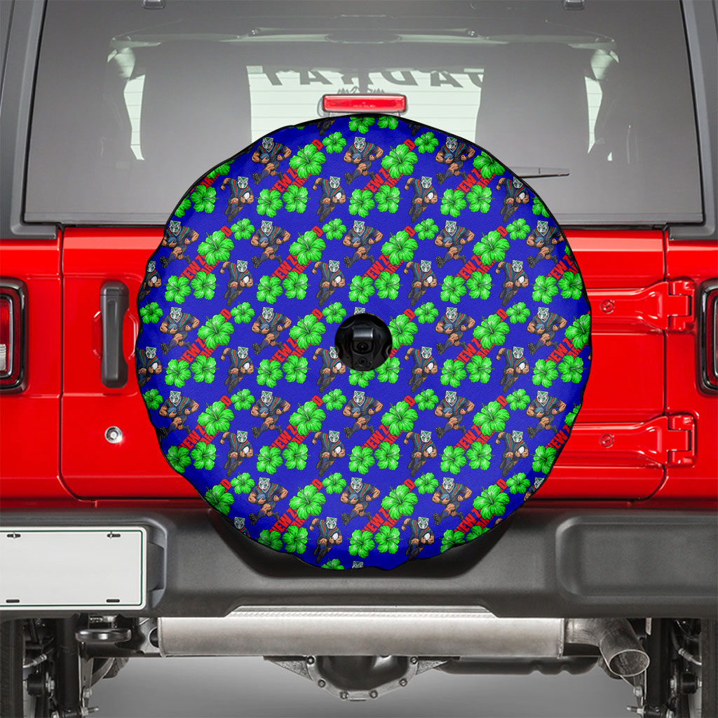 New Zealand Warriors Spare Tire Cover Tropical Hibiscus Floral Seamless Rugby Mascot