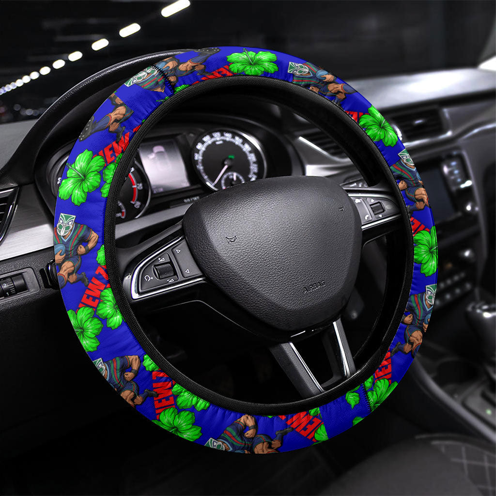 New Zealand Warriors Steering Wheel Cover Tropical Hibiscus Floral Seamless Rugby Mascot