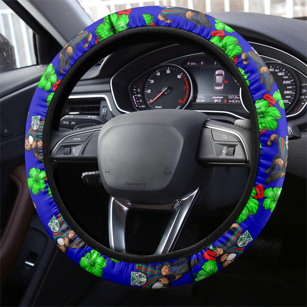 New Zealand Warriors Steering Wheel Cover Tropical Hibiscus Floral Seamless Rugby Mascot