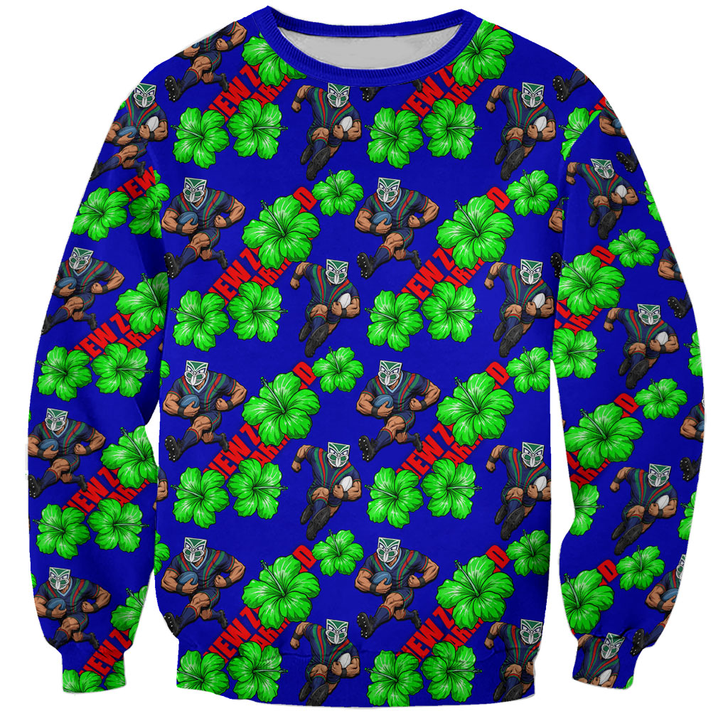 New Zealand Warriors Sweatshirt Tropical Hibiscus Floral Seamless Rugby Mascot