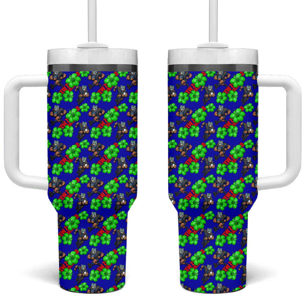 New Zealand Warriors Tumbler With Handle Tropical Hibiscus Floral Seamless Rugby Mascot