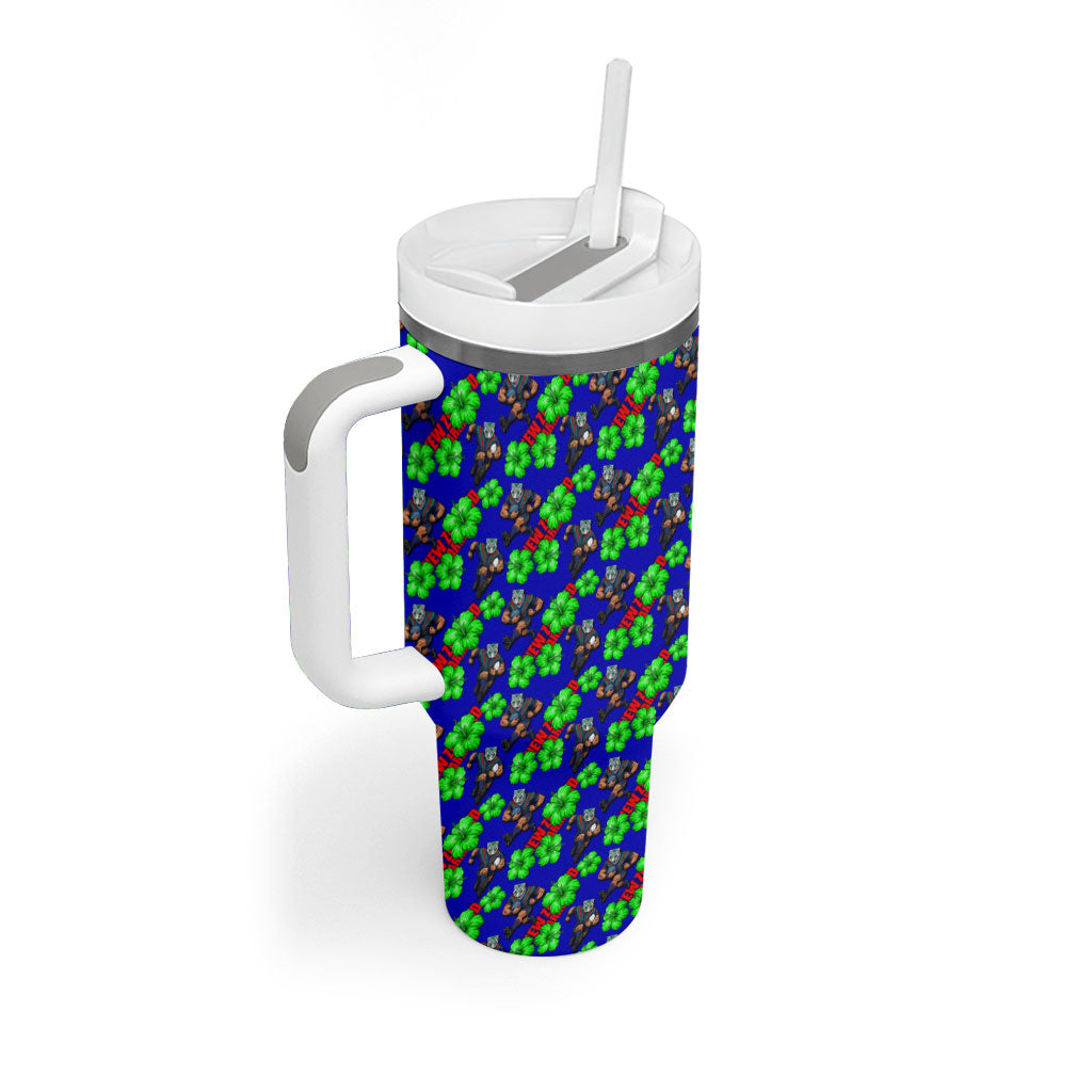 New Zealand Warriors Tumbler With Handle Tropical Hibiscus Floral Seamless Rugby Mascot