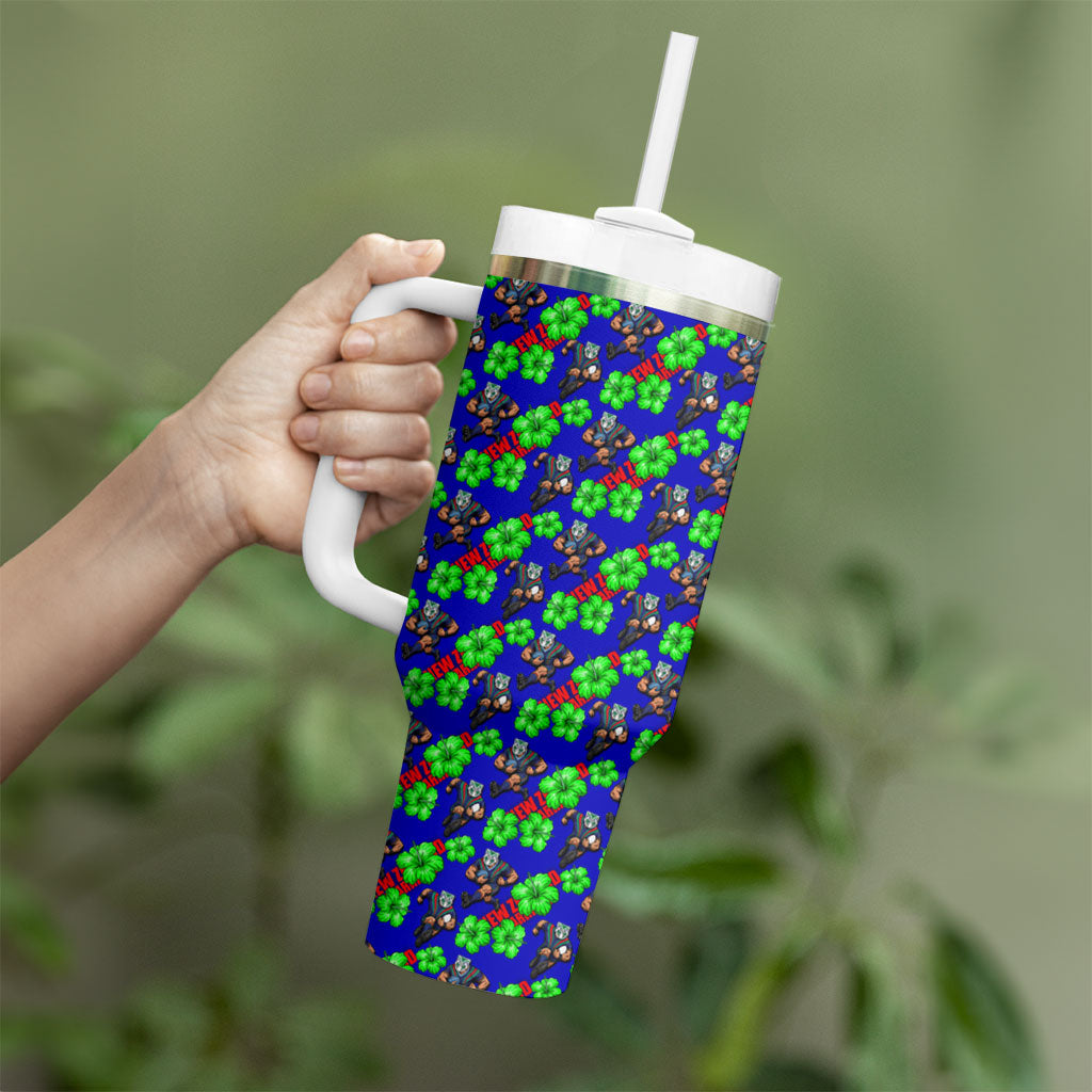 New Zealand Warriors Tumbler With Handle Tropical Hibiscus Floral Seamless Rugby Mascot