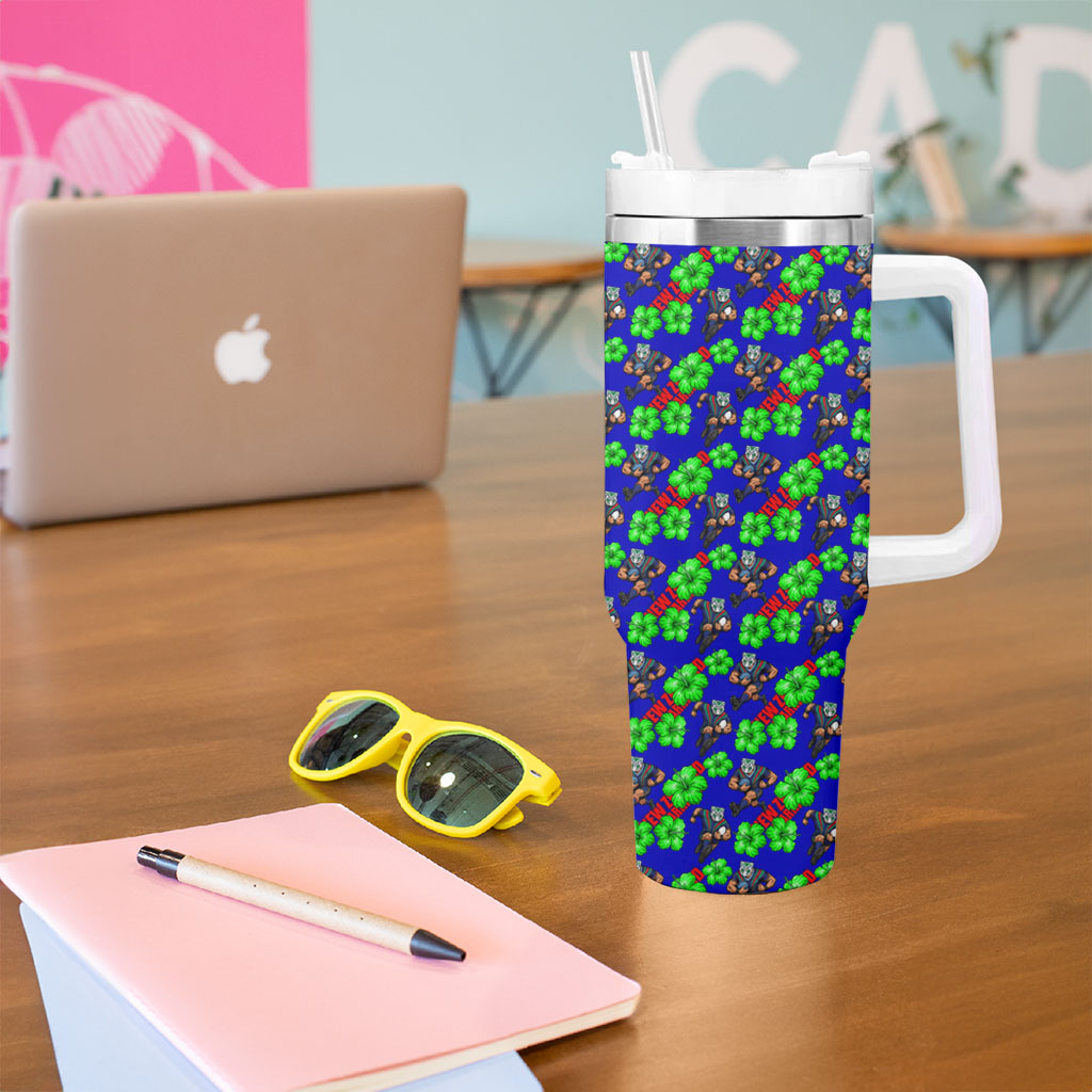 New Zealand Warriors Tumbler With Handle Tropical Hibiscus Floral Seamless Rugby Mascot
