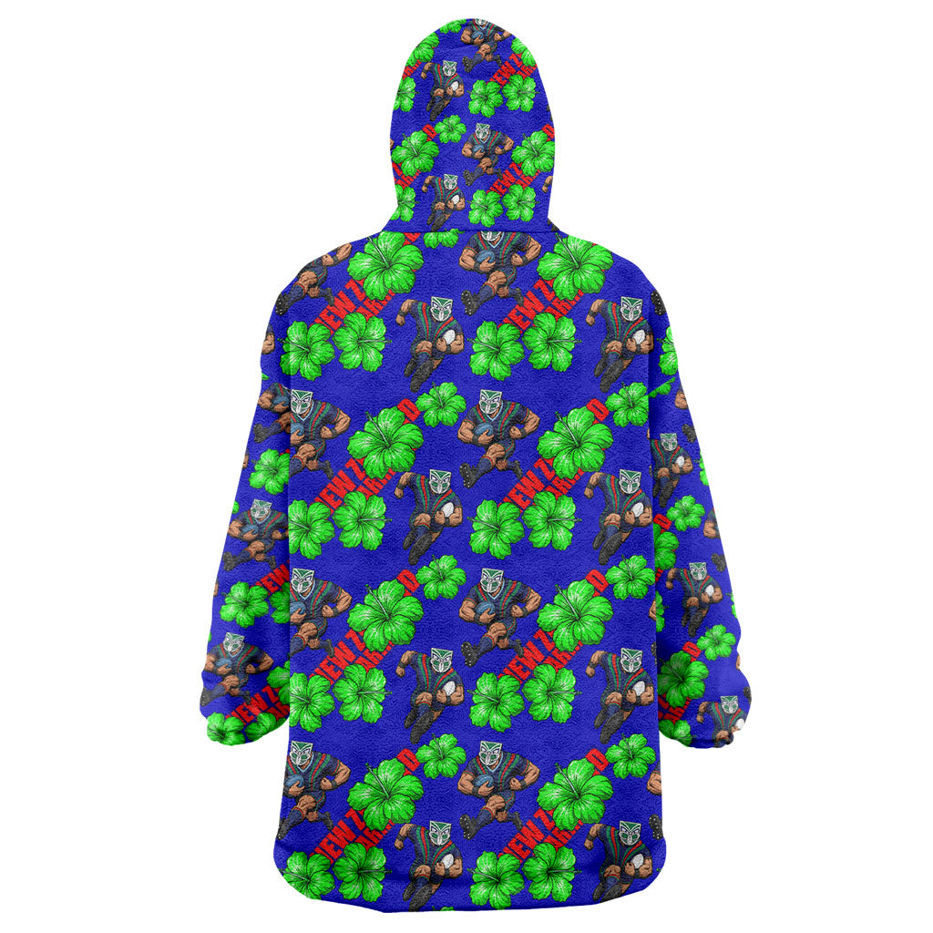 New Zealand Warriors Wearable Blanket Hoodie Tropical Hibiscus Floral Seamless Rugby Mascot