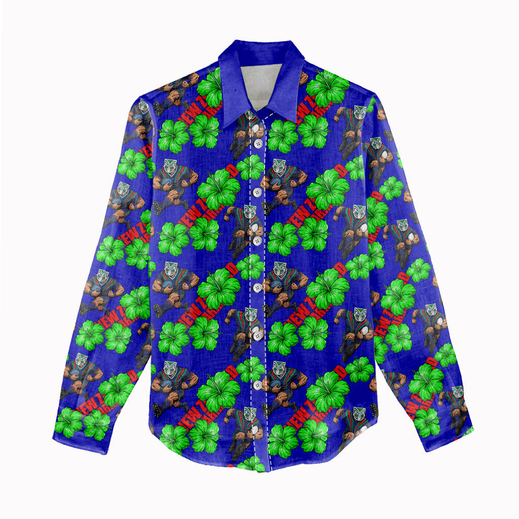 New Zealand Warriors Women Casual Shirt Tropical Hibiscus Floral Seamless Rugby Mascot