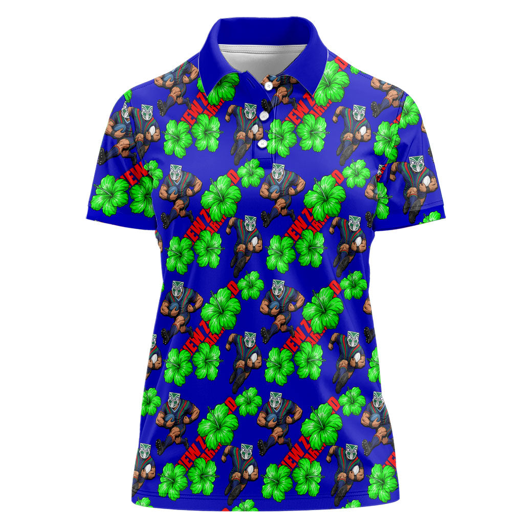 New Zealand Warriors Women Polo Shirt Tropical Hibiscus Floral Seamless Rugby Mascot