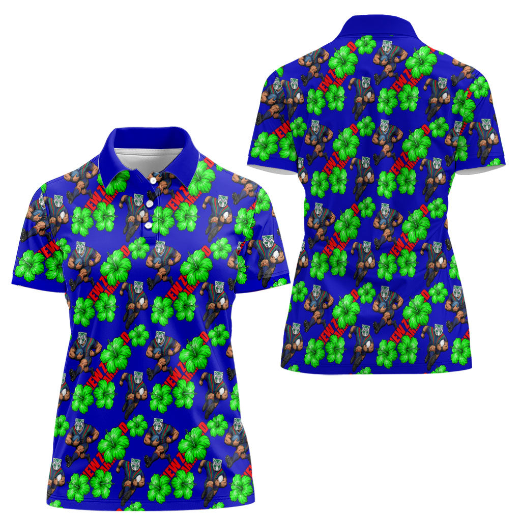 New Zealand Warriors Women Polo Shirt Tropical Hibiscus Floral Seamless Rugby Mascot