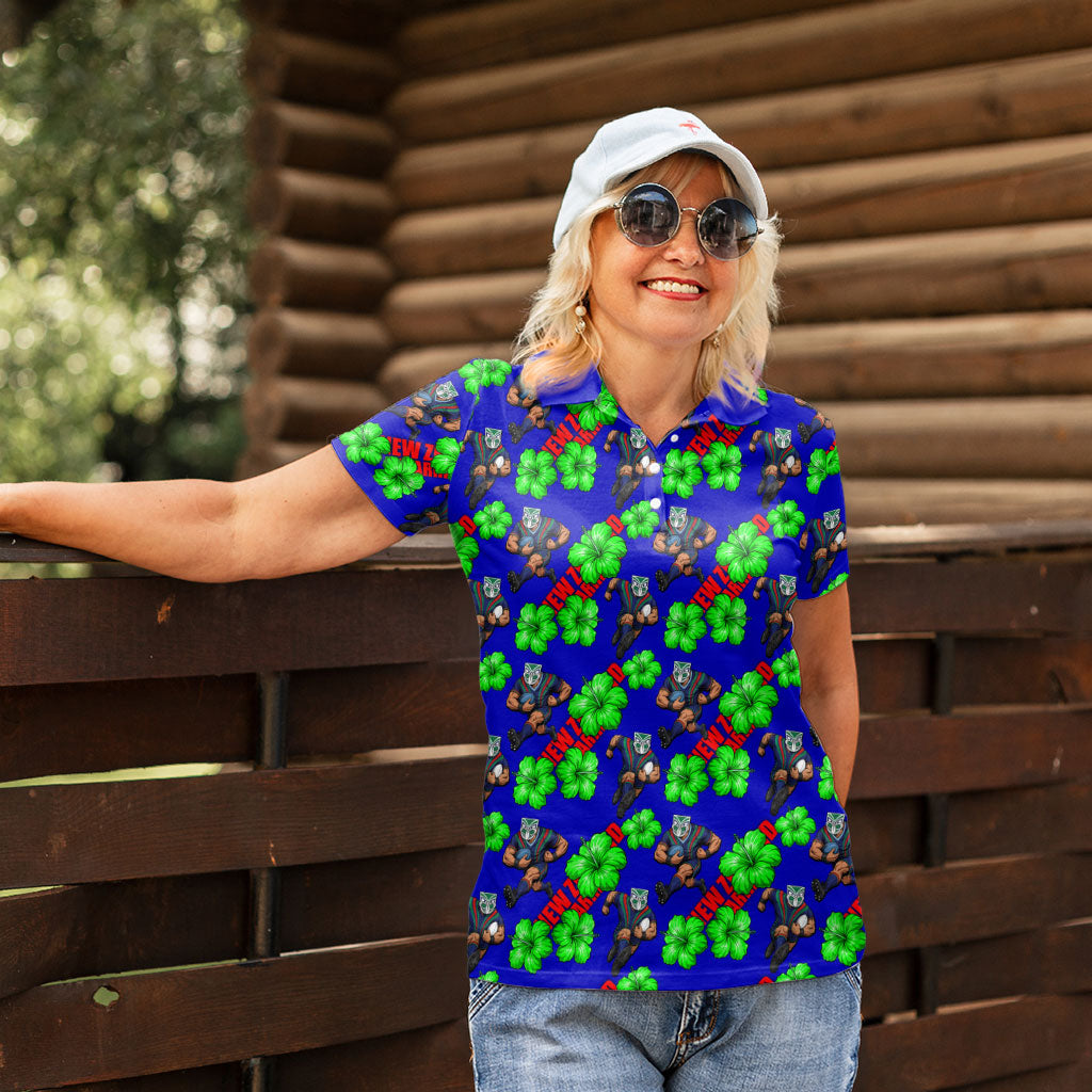 New Zealand Warriors Women Polo Shirt Tropical Hibiscus Floral Seamless Rugby Mascot