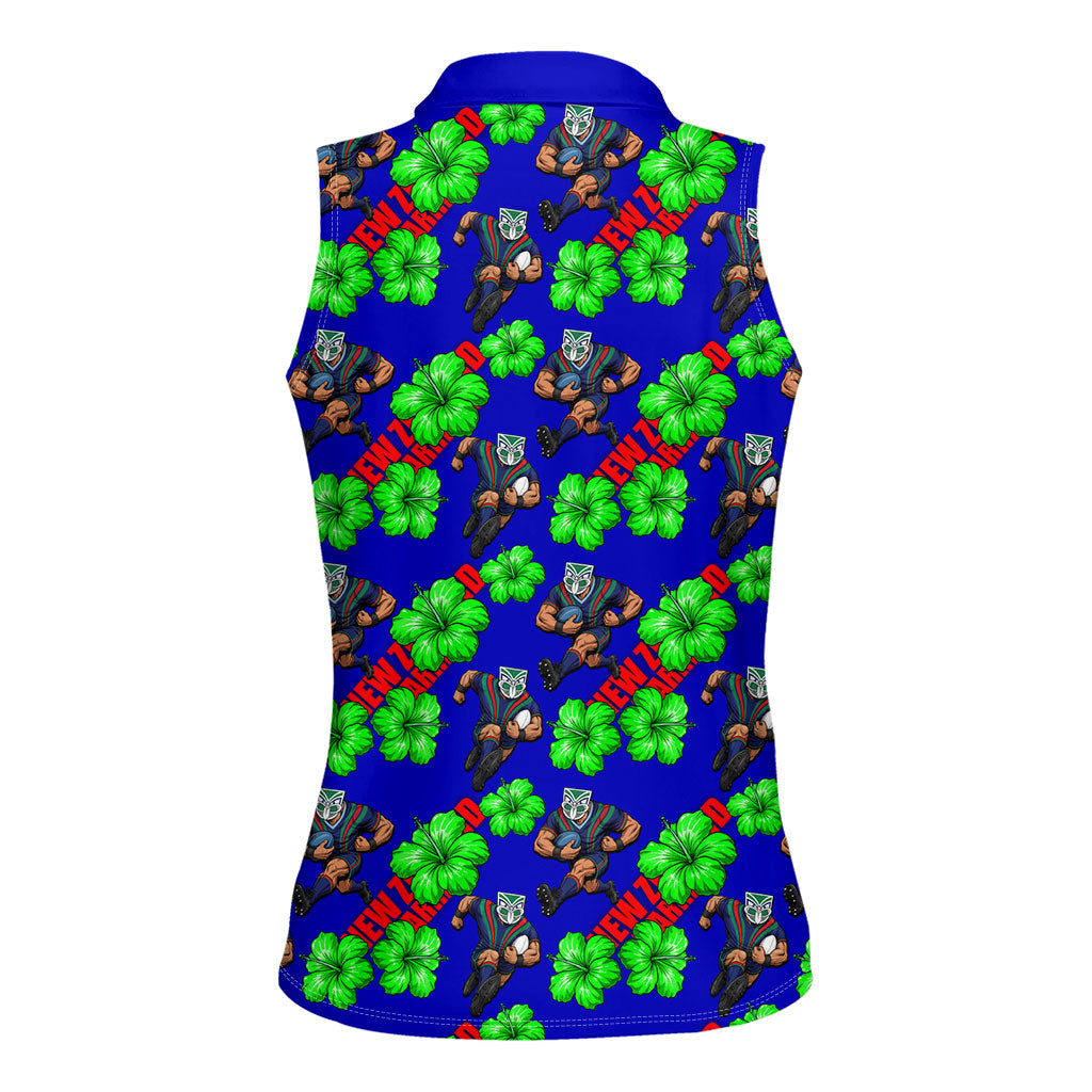 New Zealand Warriors Women Sleeveless Polo Shirt Tropical Hibiscus Floral Seamless Rugby Mascot