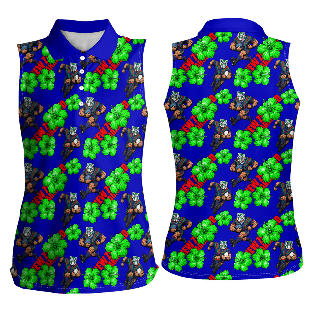 New Zealand Warriors Women Sleeveless Polo Shirt Tropical Hibiscus Floral Seamless Rugby Mascot