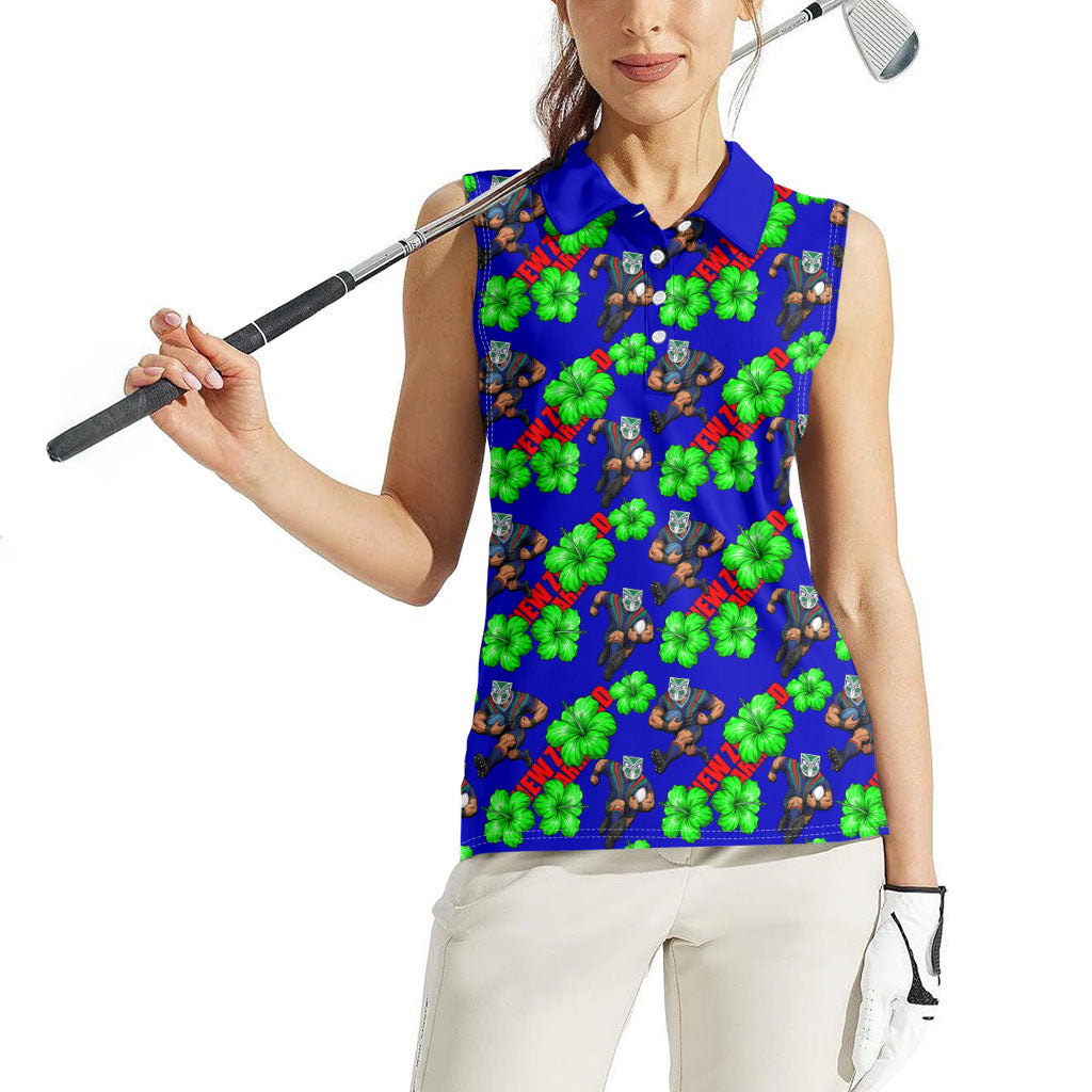 New Zealand Warriors Women Sleeveless Polo Shirt Tropical Hibiscus Floral Seamless Rugby Mascot