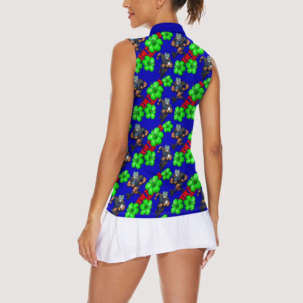 New Zealand Warriors Women Sleeveless Polo Shirt Tropical Hibiscus Floral Seamless Rugby Mascot