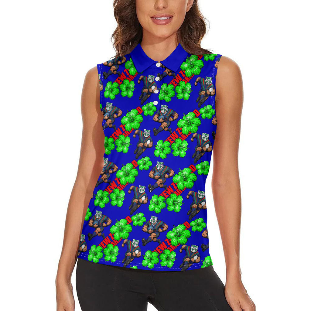 New Zealand Warriors Women Sleeveless Polo Shirt Tropical Hibiscus Floral Seamless Rugby Mascot