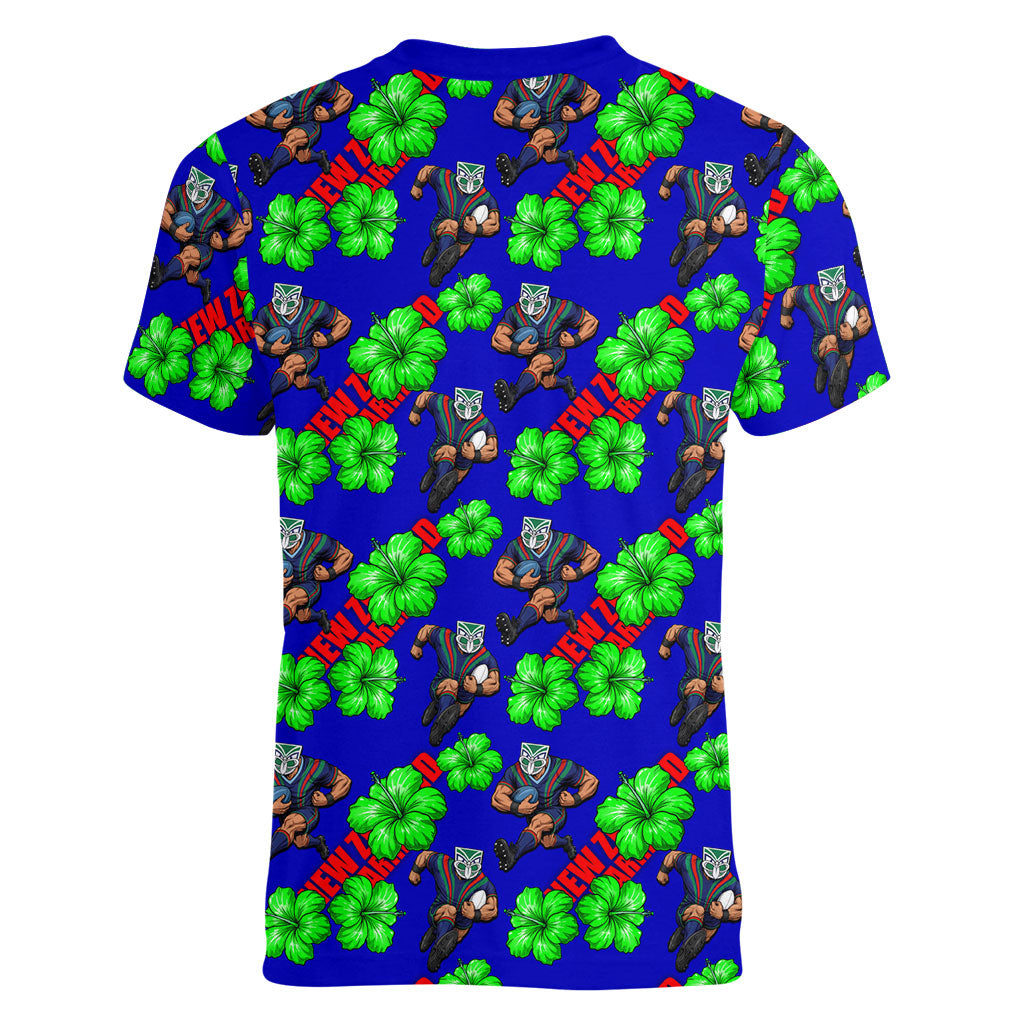 New Zealand Warriors Women V-Neck T-Shirt Tropical Hibiscus Floral Seamless Rugby Mascot