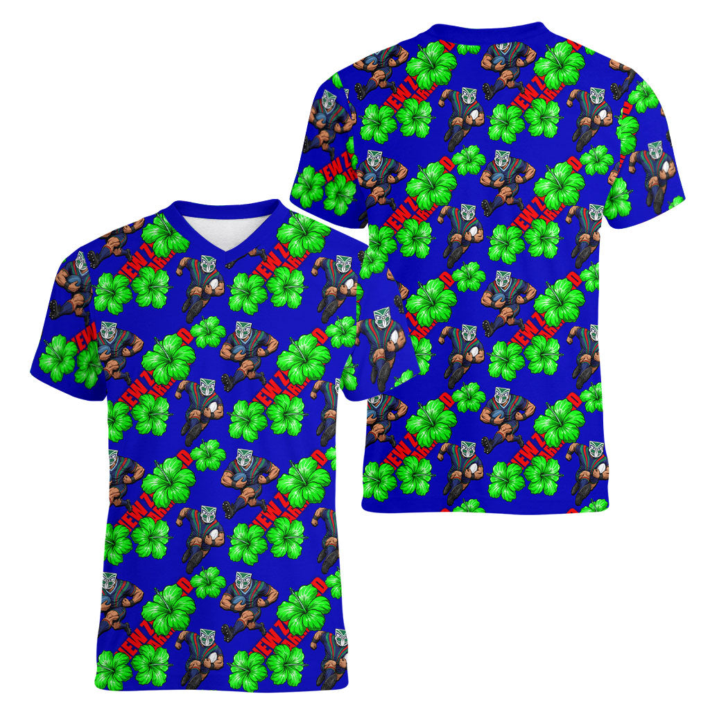 New Zealand Warriors Women V-Neck T-Shirt Tropical Hibiscus Floral Seamless Rugby Mascot