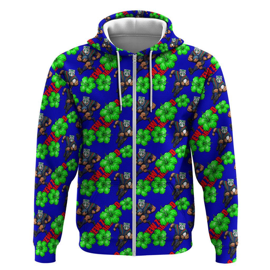 New Zealand Warriors Zip Hoodie Tropical Hibiscus Floral Seamless Rugby Mascot