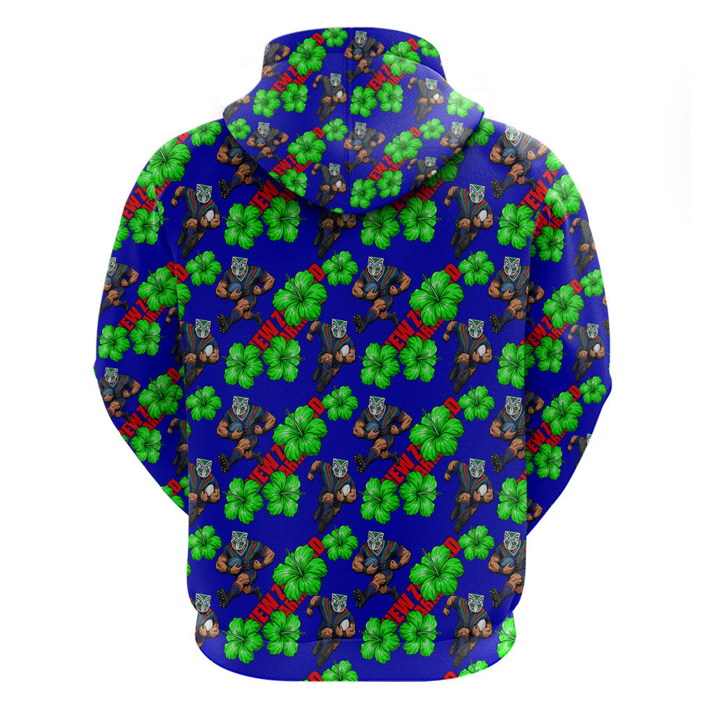 New Zealand Warriors Zip Hoodie Tropical Hibiscus Floral Seamless Rugby Mascot