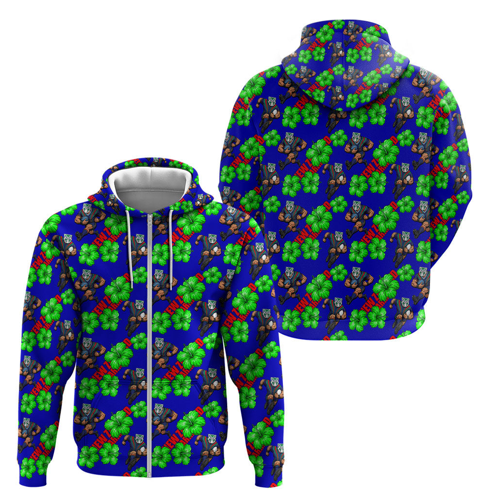 New Zealand Warriors Zip Hoodie Tropical Hibiscus Floral Seamless Rugby Mascot
