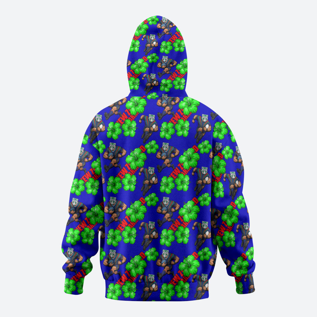 New Zealand Warriors Zip Hoodie Tropical Hibiscus Floral Seamless Rugby Mascot