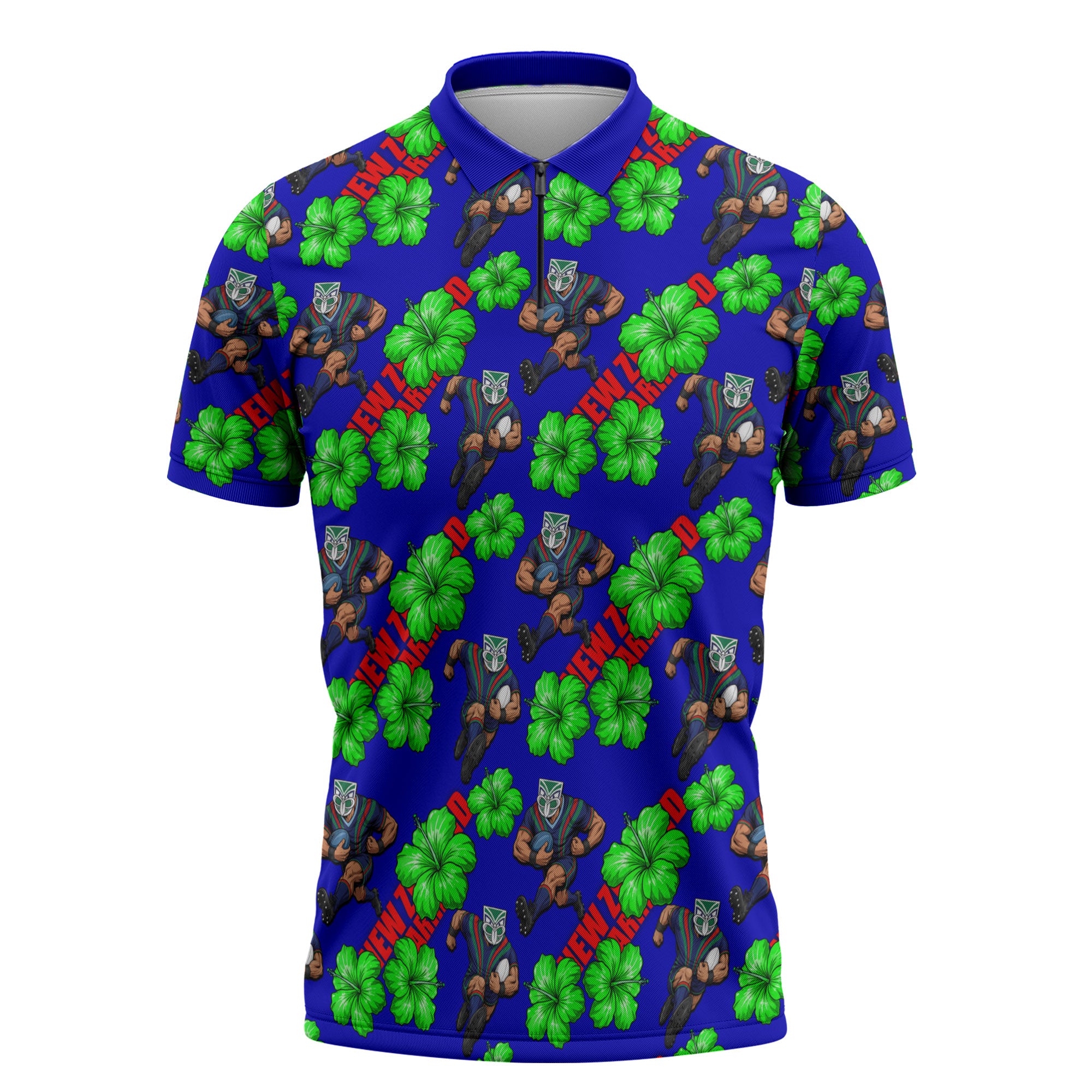 New Zealand Warriors Zipper Polo Shirt Tropical Hibiscus Floral Seamless Rugby Mascot