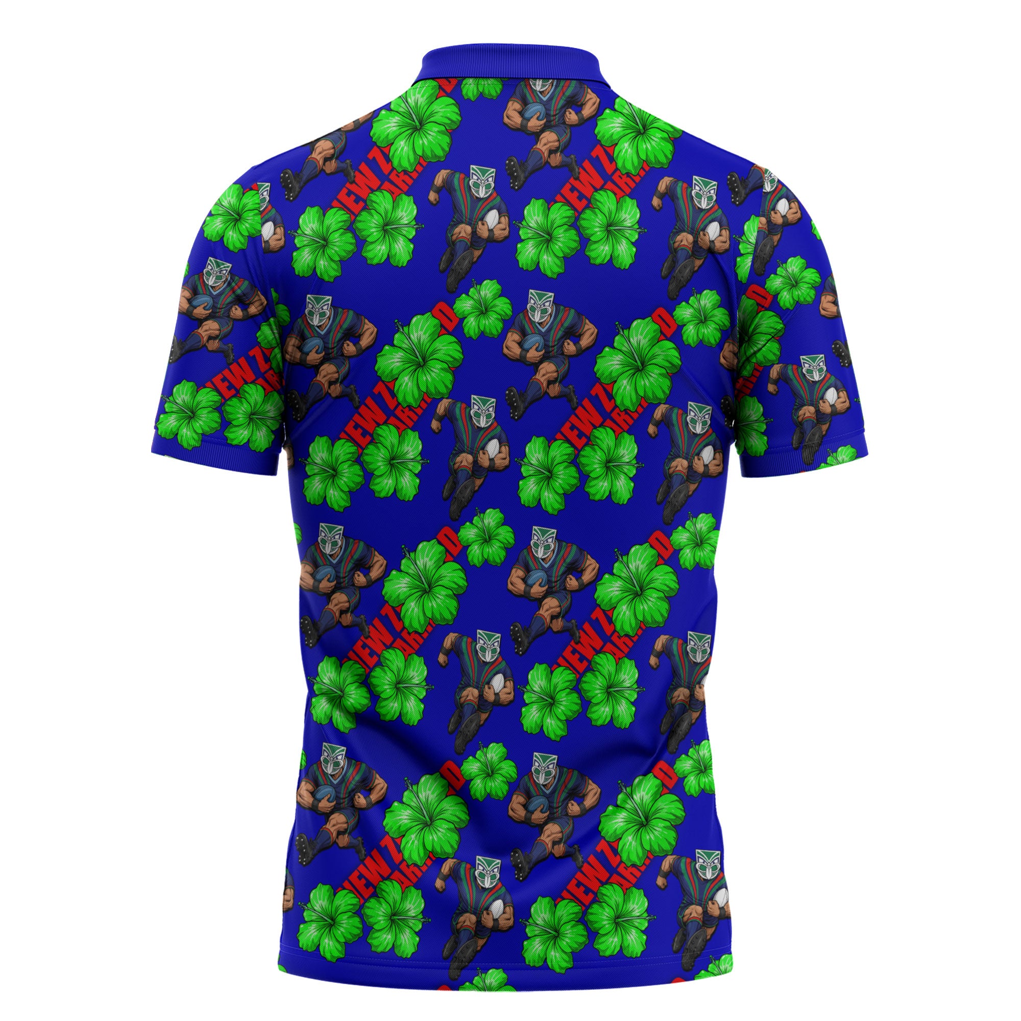 New Zealand Warriors Zipper Polo Shirt Tropical Hibiscus Floral Seamless Rugby Mascot