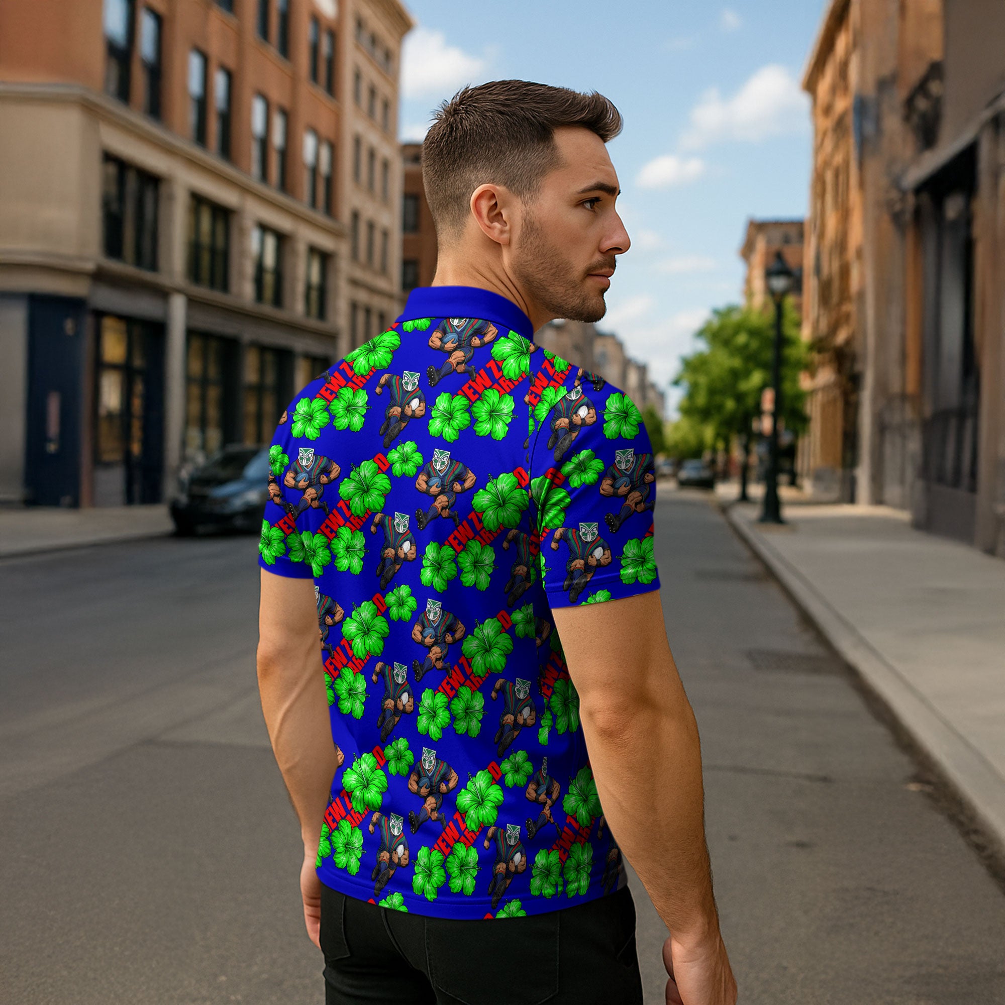 New Zealand Warriors Zipper Polo Shirt Tropical Hibiscus Floral Seamless Rugby Mascot