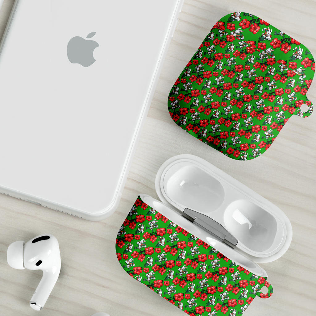 South Sydney Rabbitohs AirPods Case Tropical Hibiscus Floral Seamless Rugby Mascot