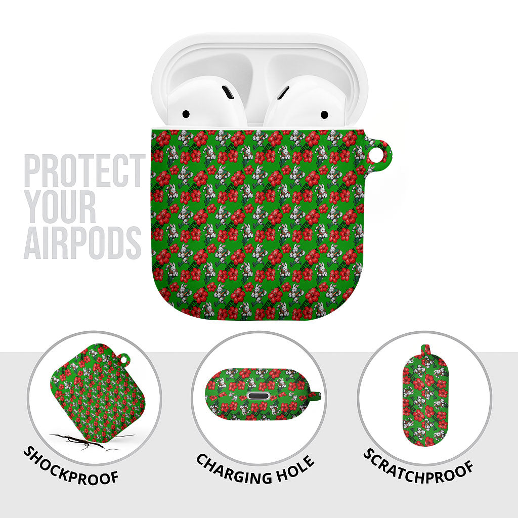 South Sydney Rabbitohs AirPods Case Tropical Hibiscus Floral Seamless Rugby Mascot
