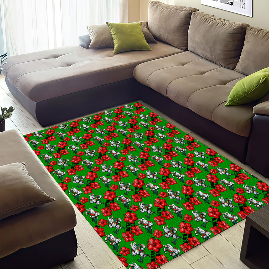 South Sydney Rabbitohs Area Rug Tropical Hibiscus Floral Seamless Rugby Mascot
