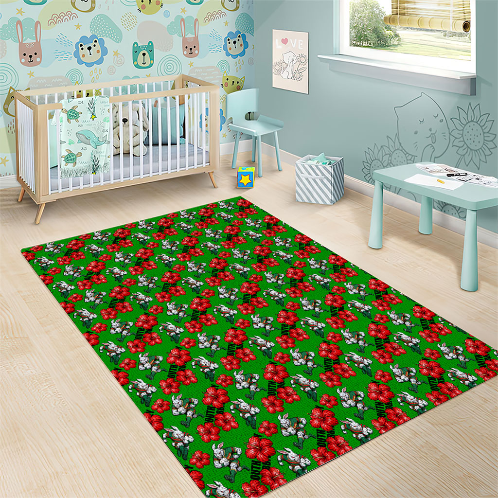 South Sydney Rabbitohs Area Rug Tropical Hibiscus Floral Seamless Rugby Mascot