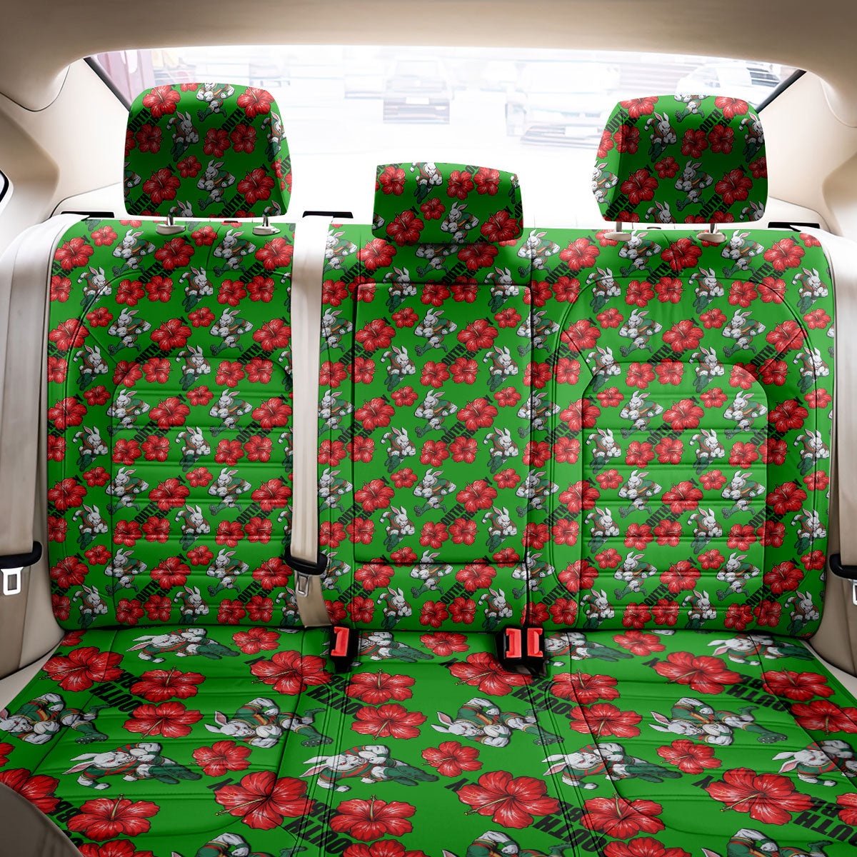 South Sydney Rabbitohs Back Car Seat Cover Tropical Hibiscus Floral Seamless Rugby Mascot